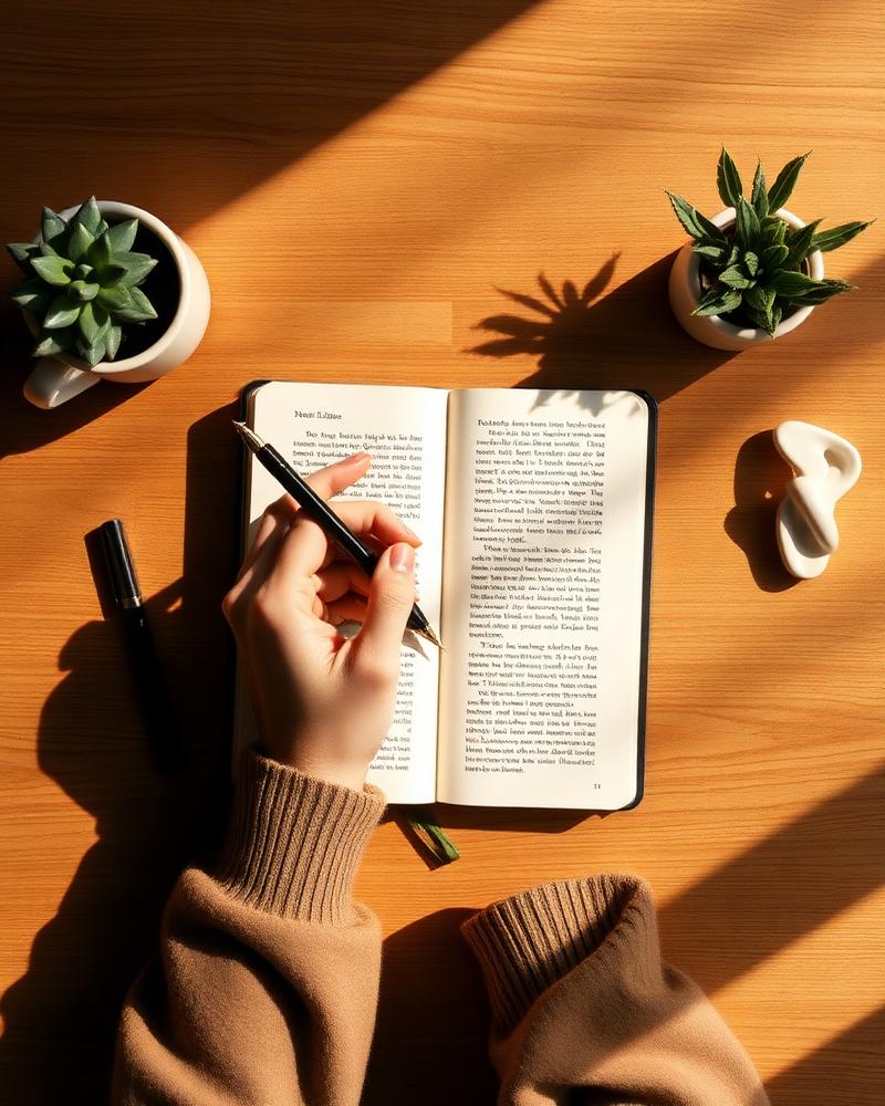 Hands writing in a leather notebook on a wooden desk beside small potted plants
